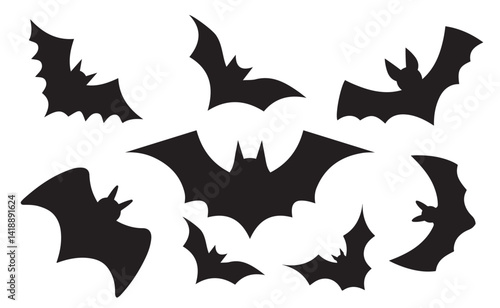Black silhouettes of bats set on white background.