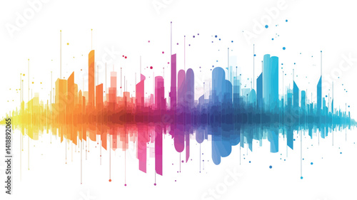 An abstract vector illustration of a stylized city skyline rendered in a vibrant rainbow color spectrum. The city silhouette is presented as a continuous wave, similar to