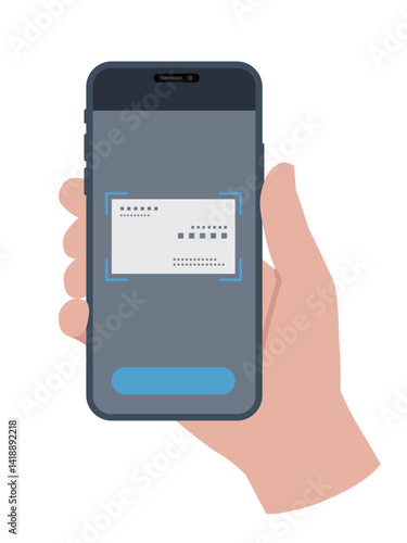 Smartphone in hand, scanning business card,