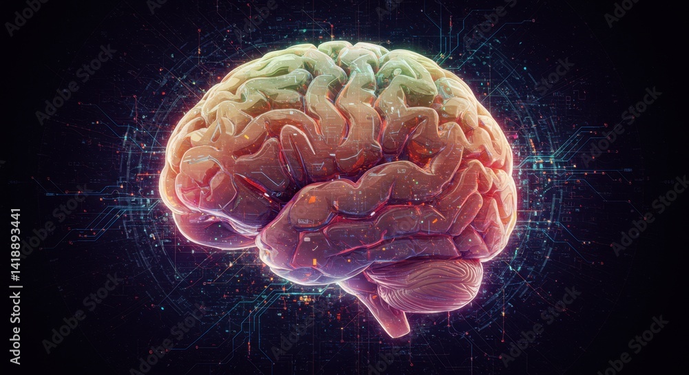 Colorful Digital Brain Rendering with Glowing Particles Colorful Digital Brain Rendering with Glowing Particles