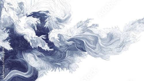 The high-resolution image depicts an abstract composition composed primarily of swirling, flowing forms in tones of indigo and white. The texture is organic and fluid, similar to marble or watercolor.