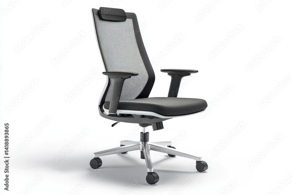 Modern ergonomic office chair with mesh back, adjustable arms, and silver base. Modern ergonomic office chair with mesh back, adjustable arms, and silver base.