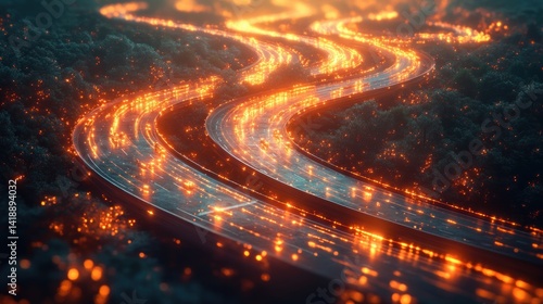 Aerial view of multi-level highway with autonomous cars and digital interfaces in a futuristic city during golden hour