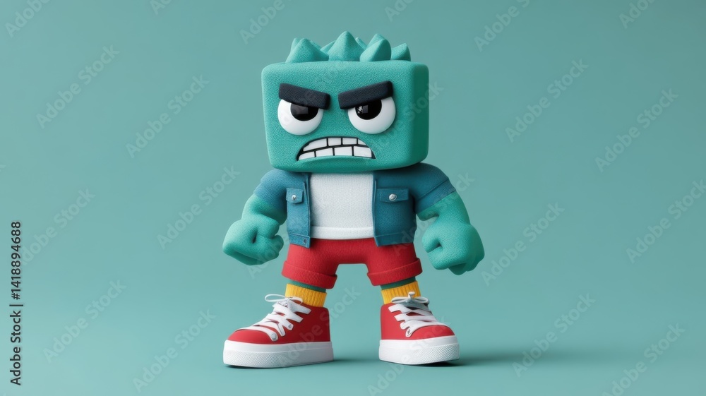 Obraz premium 3D cartoon monster figure with angry expression wea denim vest red shorts and sneakers on a solid background suitable for animated character design and toys