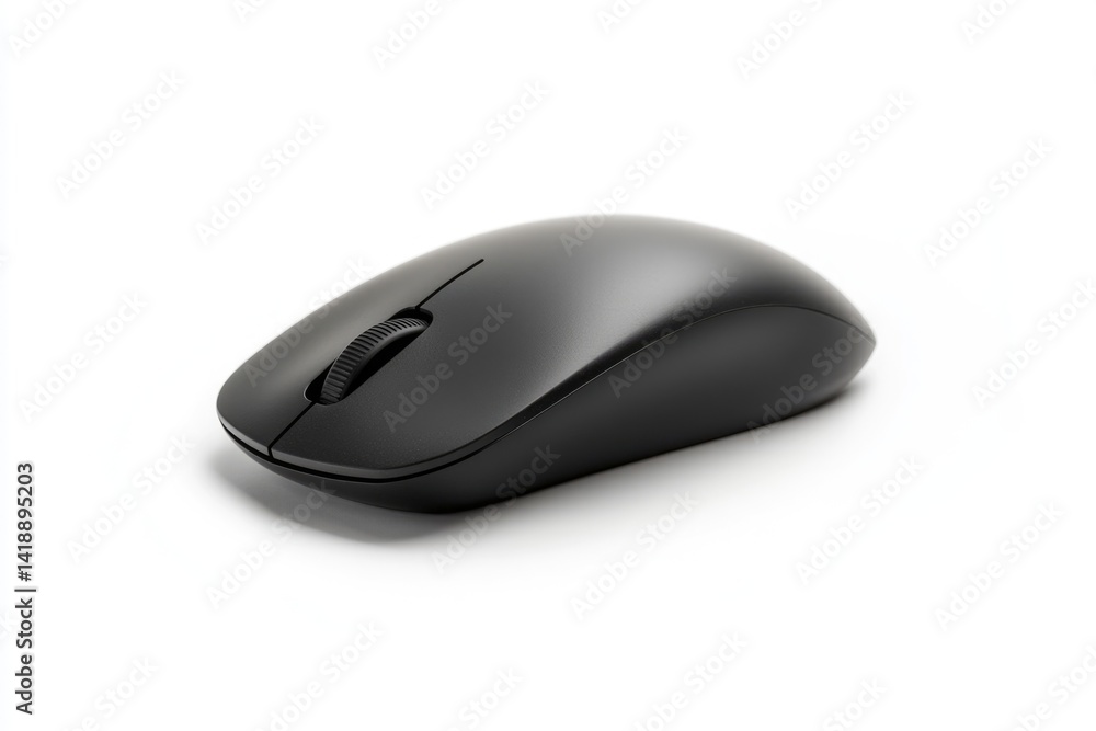 A sleek, black wireless computer mouse isolated on a white background. A sleek, black wireless computer mouse isolated on a white background.