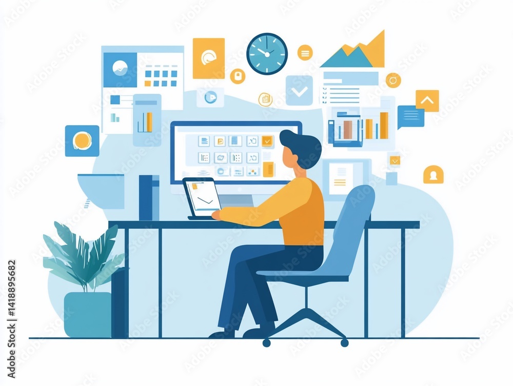 Man analyzing data on laptop, office desk, charts background, project management