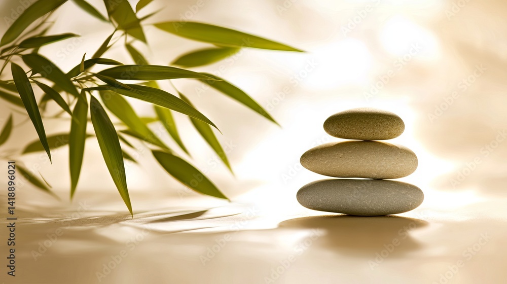 Naklejka premium Tranquil Zen Stones with Bamboo Leaves in Soft Natural Light