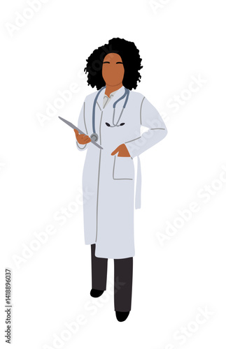 Smiling female doctor. Pretty woman medic worker in white coat with stethoscope and tablet. Flat cartoon vector illustration isolated on transparent background.