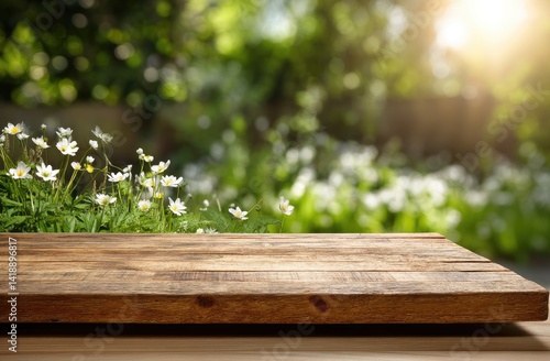 Wooden tabletop, spring flowers, out-of-focus garden
