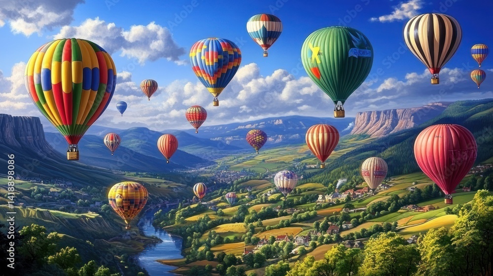 Obraz premium Hot Air Balloons Festival Over Scenic Valley