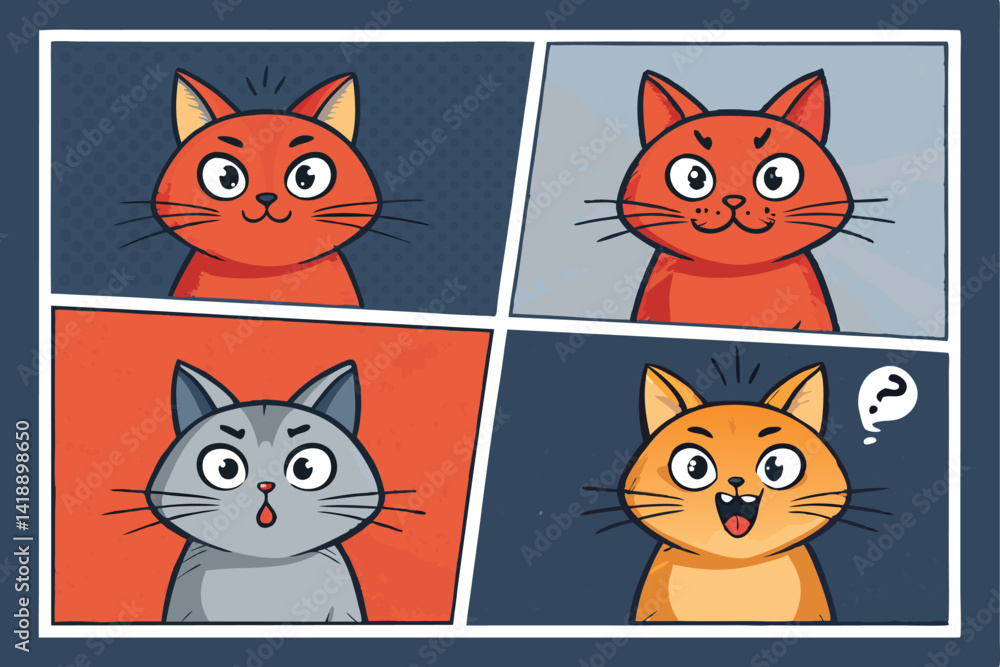 Design a comic panel layout featuring nine squares, each depicting a cat expressing a different emotion (happy, sad, angry, etc.). Use clear, expressive line art. Design a comic panel layout featuring nine squares, each depicting a cat expressing a different emotion (happy, sad, angry, etc.). Use clear, expressive line art.