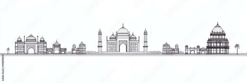 Obraz premium Minimalist Mysuru Skyline Dark Line Art Indian Heritage Buildings White Background