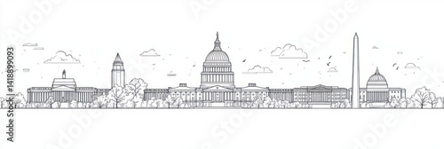 Minimalist Washington D.C. Skyline Line Art White Background Black Outline Modern Abstract