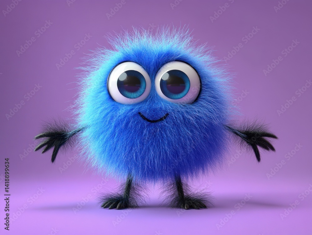 Fototapeta premium Cute blue fluffy cartoon monster with big eyes holding blank sign playful 3D character colorful funny animal cheerful design