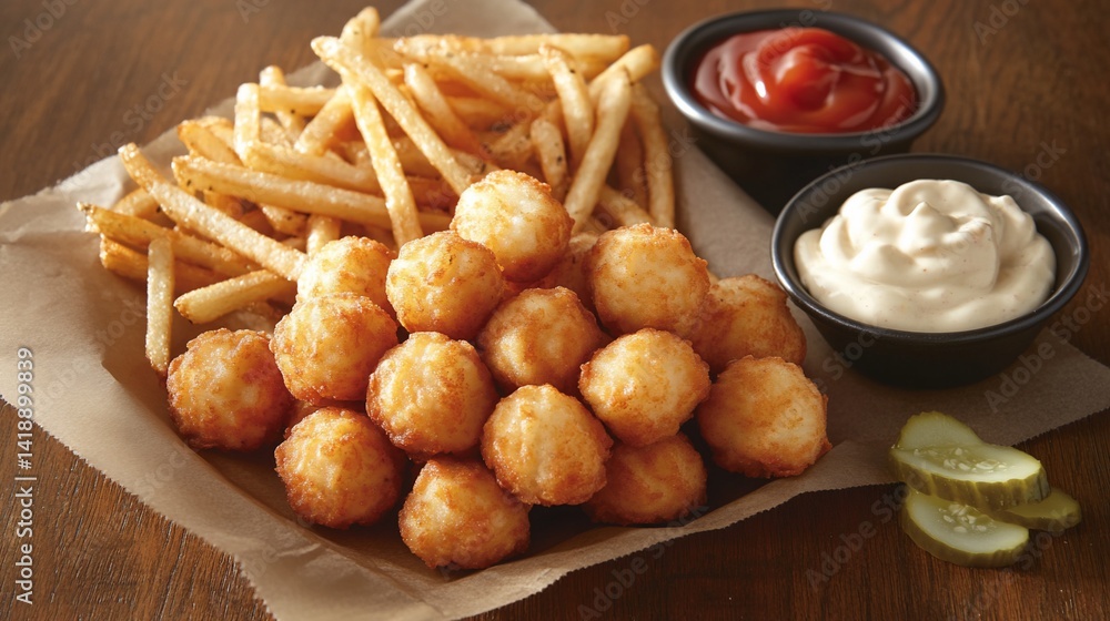 Crispy tater tots, fries, dips, wood table Crispy tater tots, fries, dips, wood table