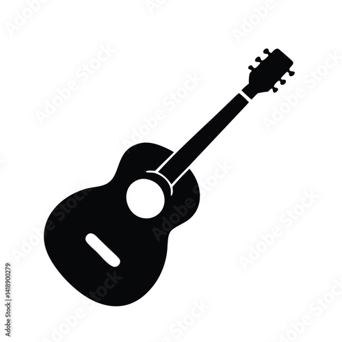 Black and White Acoustic Guitar Icon, Music Instrument Vector Illustration