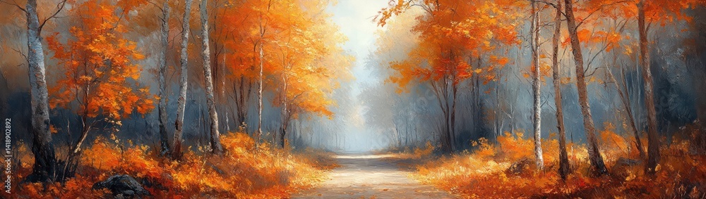 Fototapeta premium autumn forest road with vibrant yellow and orange leaves serene nature landscape
