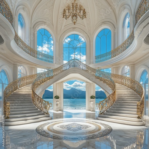 Ornate interior features grand staircase and ocean vista view