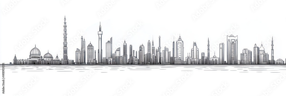Naklejka premium Minimalist Middle Eastern City Skyline Line Art Black Ink White Background