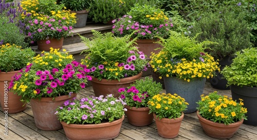 Wallpaper Mural Colorful Potted Flowers on Wooden Steps Torontodigital.ca