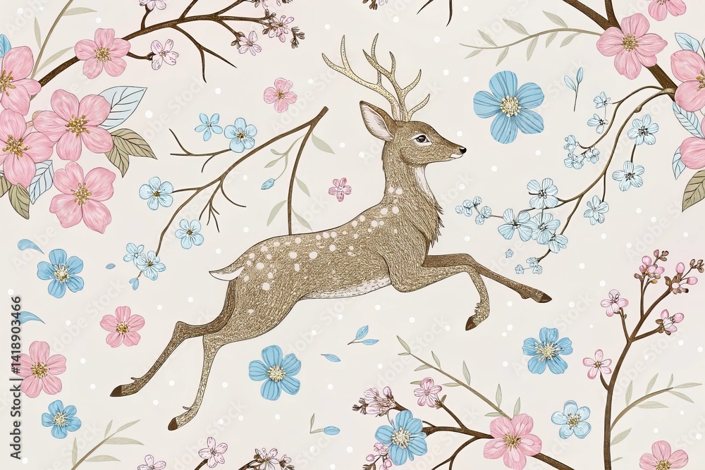 Fototapeta premium A whimsical and charming seamless pattern featuring a leaping deer surrounded by blossoming spring flowers.