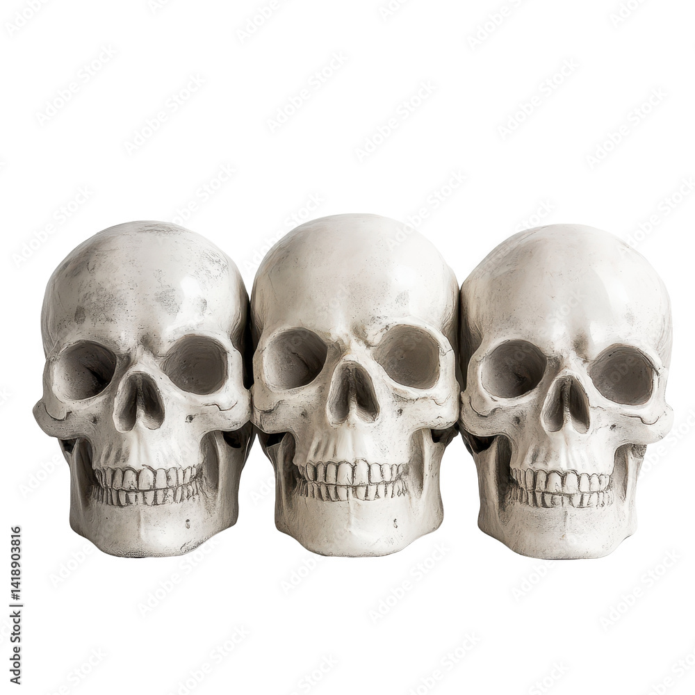 Three white skulls displayed side by side on a light background for artistic or educational purposes, group three skulls sitting next to each other, white background Three white skulls displayed side by side on a light background for artistic or educational purposes, group three skulls sitting next to each other, white background