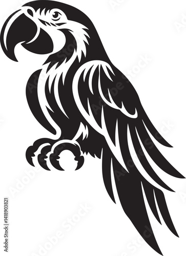 Silhouette vector of a macaw parrot with spread wings, ideal for tropical, exotic bird themes, wildlife art, and nature-inspired designs.