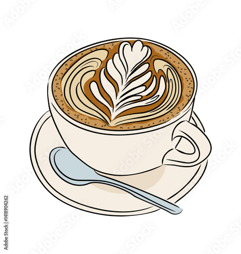 Coffee cup colored outline drawing. Vector illustration isolated on transparent background. Latte, cappuccino with cream foam coffee cup on saucer with spoon.	