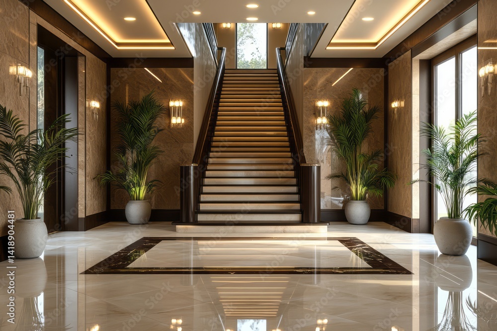 Grand staircase ascends in a luxurious and inviting interior space Grand staircase ascends in a luxurious and inviting interior space