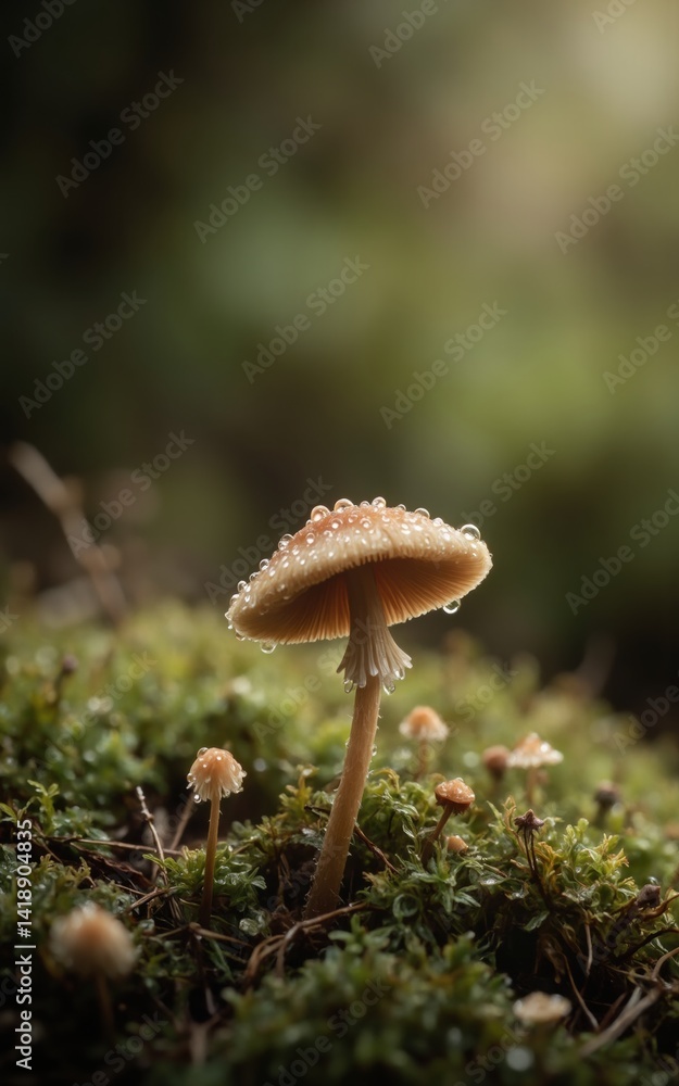Fototapeta premium Stunning Macro Photograph of a Tiny Mushroom on Damp Forest Floor, Surrounded by Moss and Miniature Fungi, Perfect for Nature Photography, Environmental Campaigns, and Botanical Education