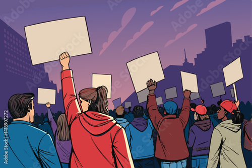 A large crowd of diverse people marching, holding aloft signs expressing their views; a vibrant, energetic protest or demonstration scene.
