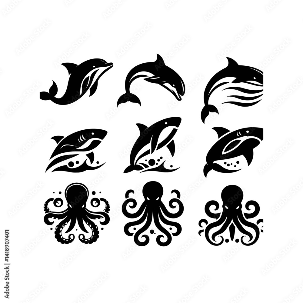 Silhouette vector logo set of ocean animals including dolphin, whale, shark, sea turtle, and octopus in black on white background, clean modern icon design Silhouette vector logo set of ocean animals including dolphin, whale, shark, sea turtle, and octopus in black on white background, clean modern icon design