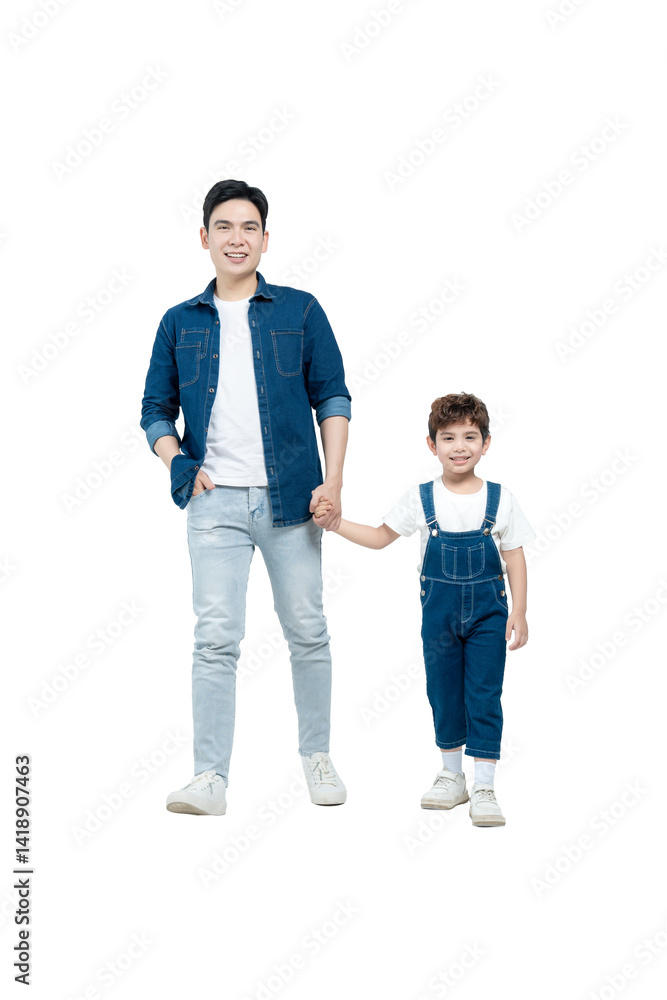 Full body image of Asian father and son walking and posing on white background Full body image of Asian father and son walking and posing on white background