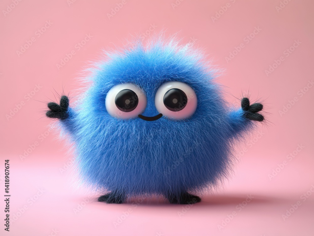 Fototapeta premium cute blue fluffy monster with big eyes holding blank sign colorful cartoon character playful arms pink background