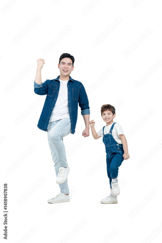 Full body image of Asian father and son walking and posing on white background Full body image of Asian father and son walking and posing on white background