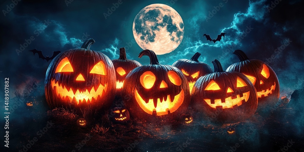Glowing carved pumpkins with burning candles under full moon night sky Halloween scene Glowing carved pumpkins with burning candles under full moon night sky Halloween scene