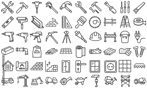 Icon Set of Repair and Construction Tools in Line Art Style  
