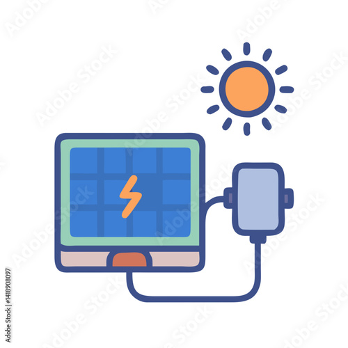 Cartoon solar panel with sun generating clean energy