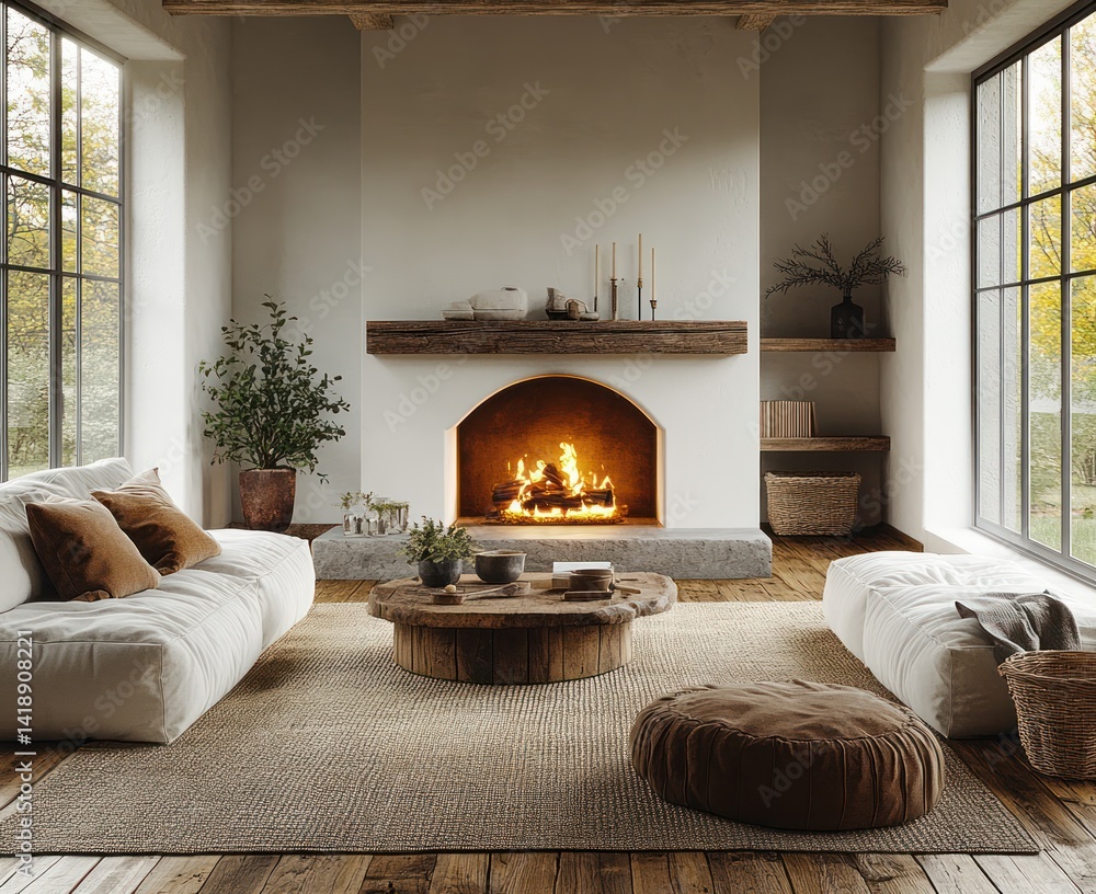 Fototapeta premium Minimalist Scandinavian living room with modern fireplace and cozy natural light