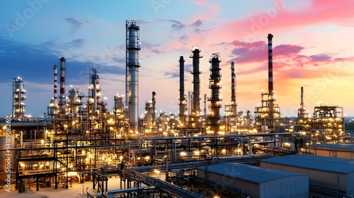 Wallpaper Mural Majestic Industrial Oil Refinery at Dusk with Glowing Distillation Columns and Skyline Landscape  Towering steel structures pipes Torontodigital.ca