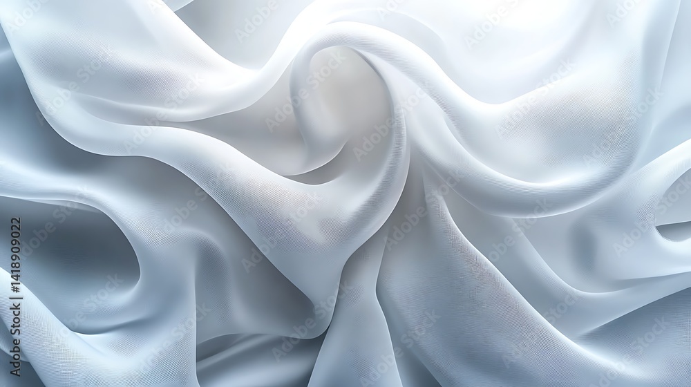 Fototapeta premium Elegant White Silk Fabric with Gentle Waves, Soft, flowing white silk fabric with gentle folds and waves, creating a serene and elegant texture