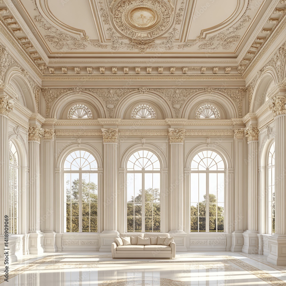 Fototapeta premium Ornate classical interior features decorative molding and large windows