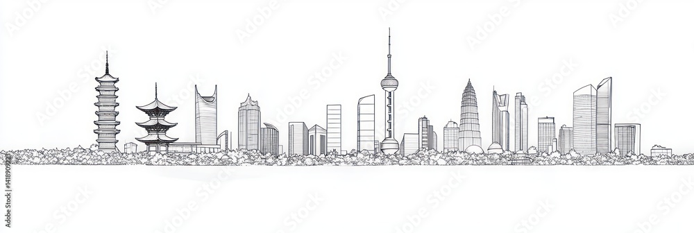 Obraz premium Minimalist City Skyline with Asian Pagodas Modern Skyscrapers European Cathedrals Black Ink Line Art Symmetrical White Background