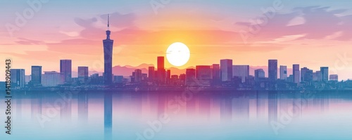 Minimalist Kobe Cityscape Soft Gradient Pastel Skyline Landmarks Silhouette Urban Travel Japan Asia Clean Serene Modern Flat Design