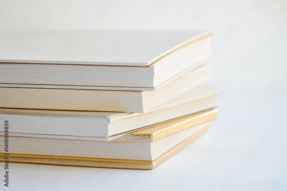 A stack of off-white books with gold-edged covers rests on a white surface. A stack of off-white books with gold-edged covers rests on a white surface.