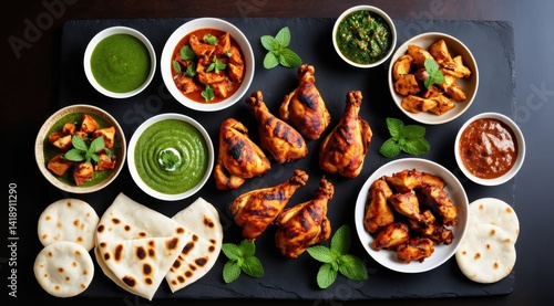 Wallpaper Mural A vibrant platter featuring grilled chicken drumsticks, naan bread, and a variety of Indian sauces, garnished with fresh herbs and lime, offering a rich culinary presentation Torontodigital.ca