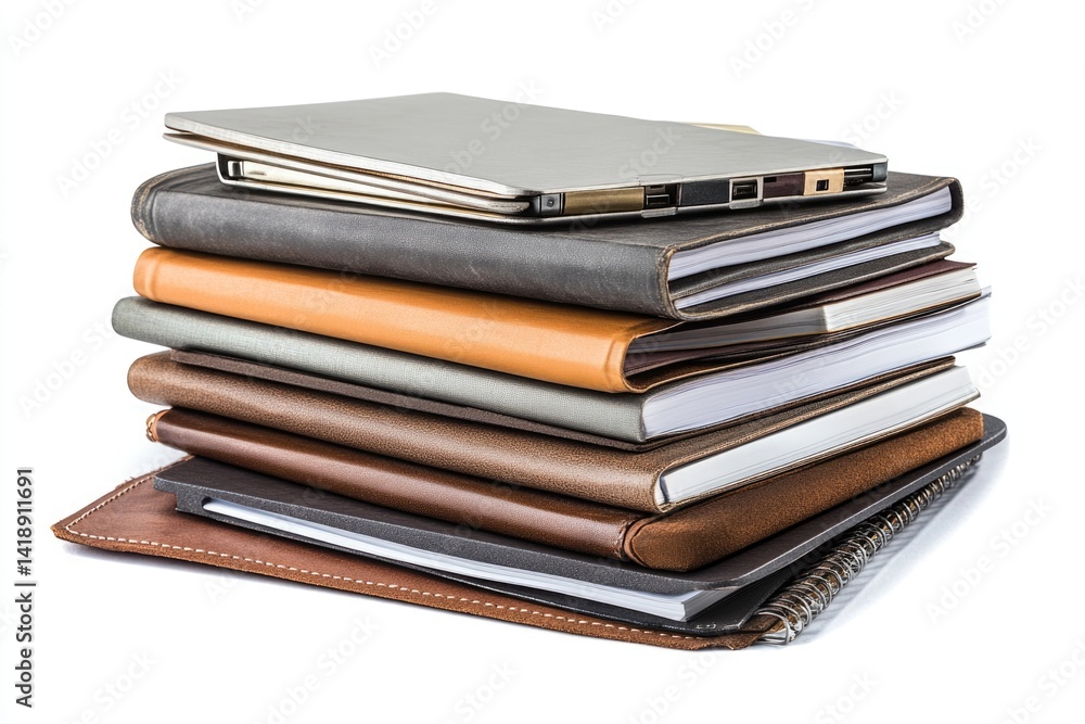 A stack of leather-bound notebooks and a silver laptop, showcasing organization and productivity. A stack of leather-bound notebooks and a silver laptop, showcasing organization and productivity.