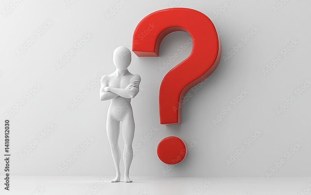 3D render of a white humanoid figure thinking next to a large red question mark modern design minimalistic pondering decision problem solution concept 3D render of a white humanoid figure thinking next to a large red question mark modern design minimalistic pondering decision problem solution concept