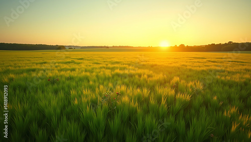 Grain Field at Sunset with Red Flowers