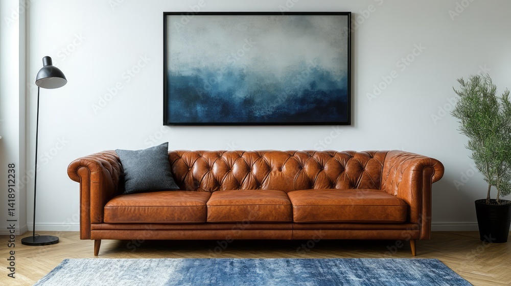 Fototapeta premium Brown leather chesterfield sofa with blue artwork and floor lamp